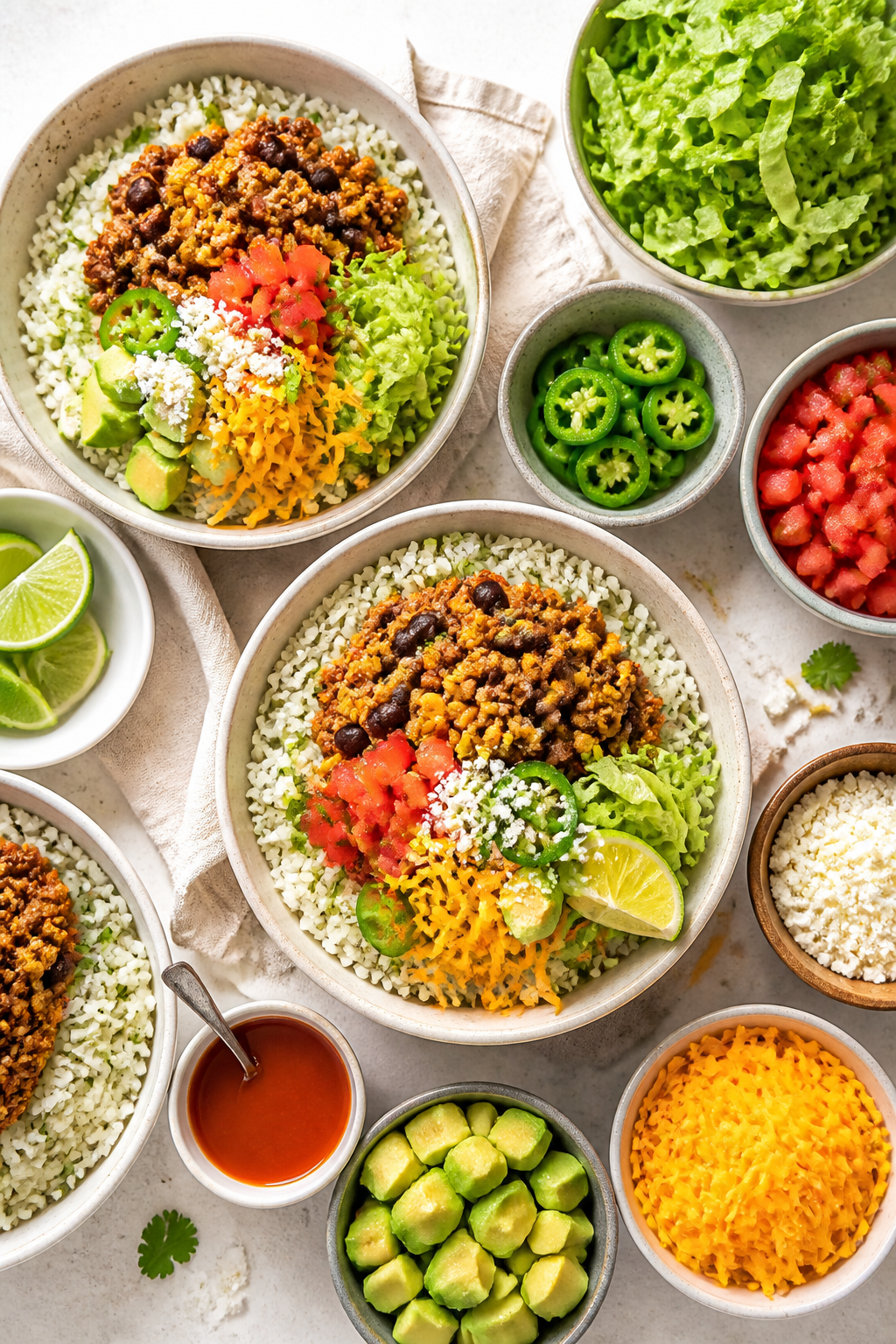 Tasty top view, overhead assembly shot: Build-your-own taco bowl spread from above—several bowls w