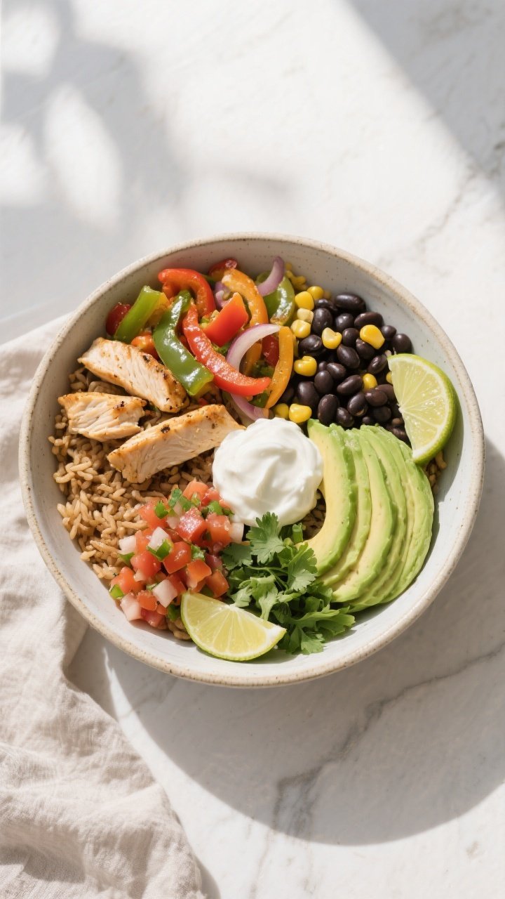 Tasty top view (overhead): Fully assembled Healthy Chicken Fajita Bowl arranged in a wide, shallow c