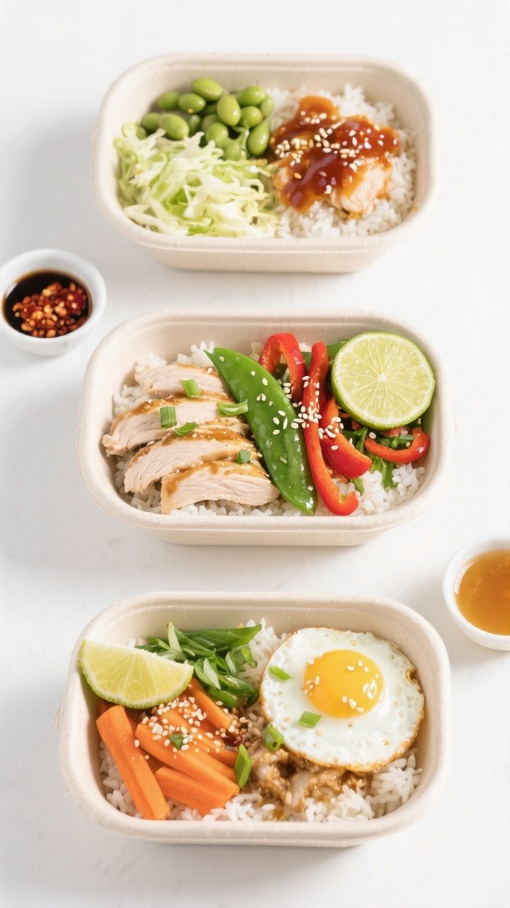 Tasty top view (overhead): Meal-prep lineup of three open bowls filled with rice and hot honey turke