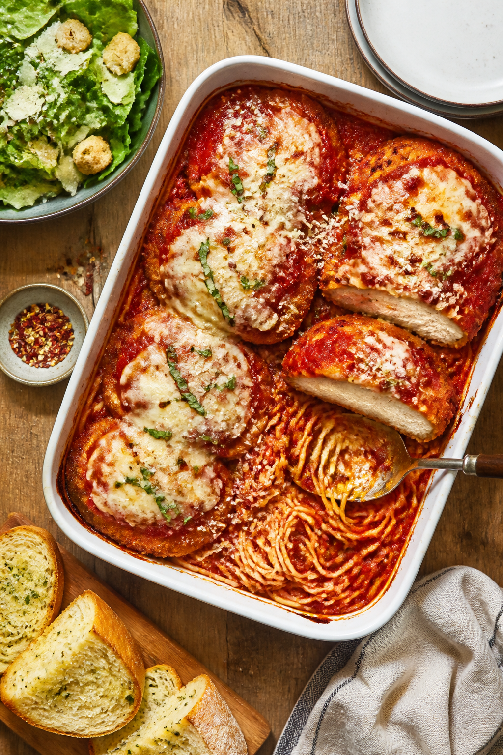 Tasty top view, overhead: Overhead shot of Chicken Parmesan Bake served family-style on a wooden tab
