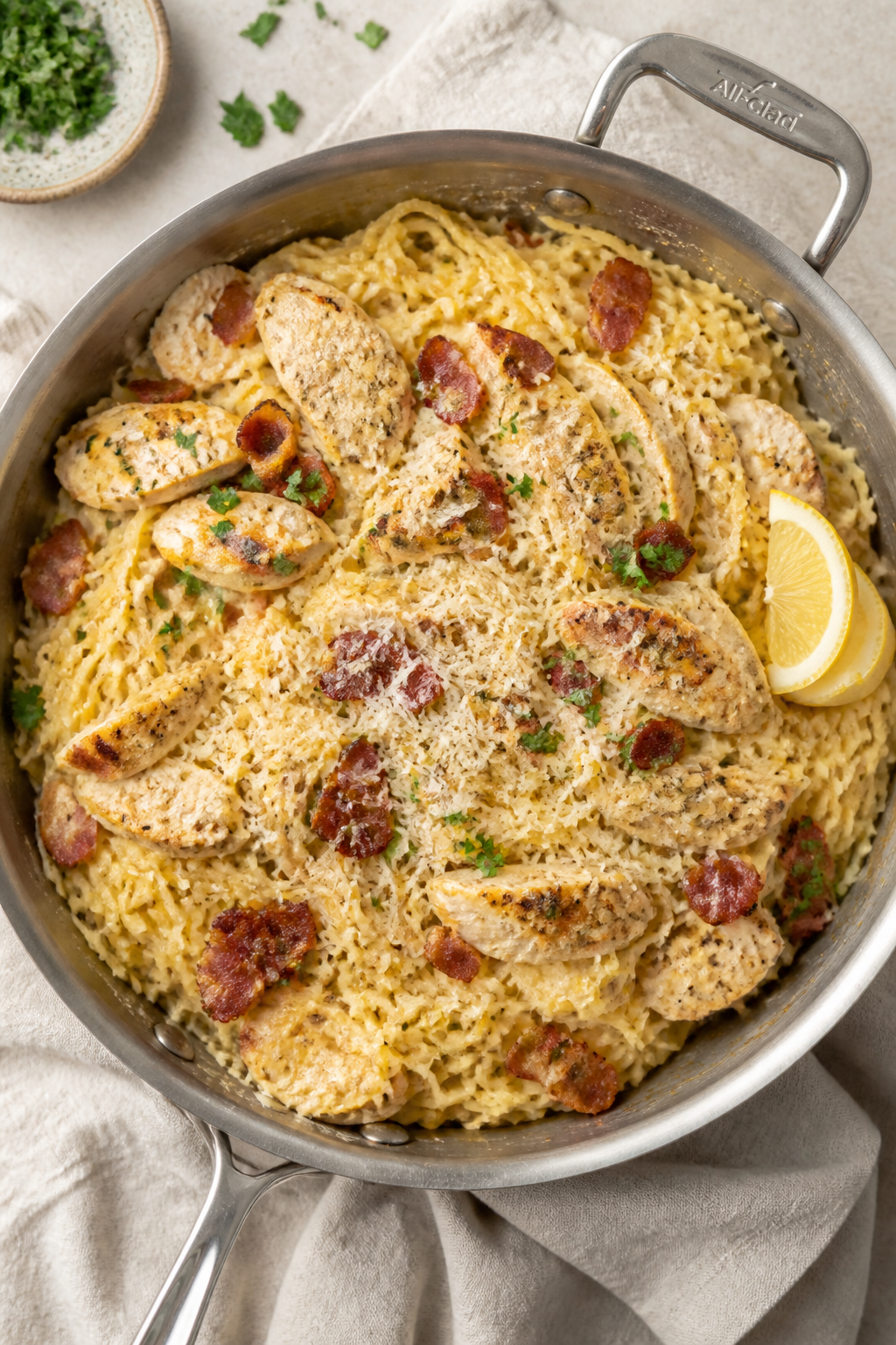 Tasty top view, overhead: Overhead shot of Chicken Bacon Alfredo Spaghetti Squash tossed together in