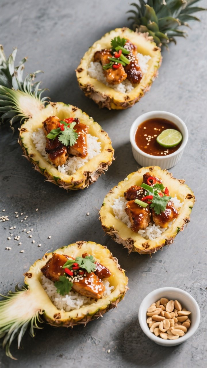 Tasty top-view overhead: Overhead shot of four pineapple halves arranged diagonally on a slate-gray
