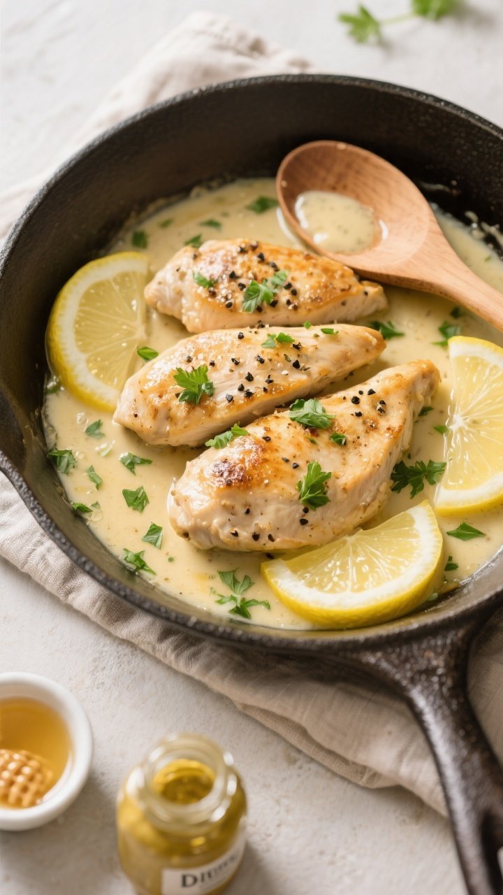 Tasty top view, overhead: Overhead shot of the finished Lemon Pepper Chicken Skillet with cutlets ne