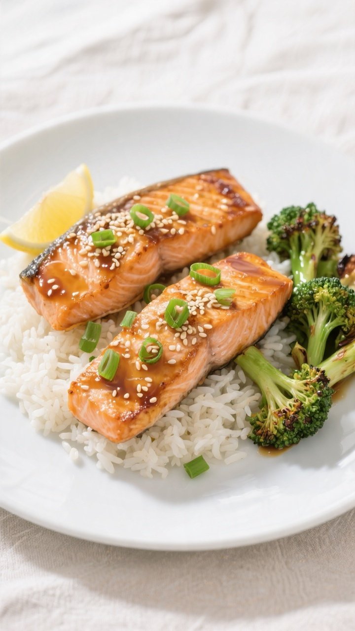 Tasty top view: Overhead plated final dish—two honey garlic salmon fillets on a wide white plate,