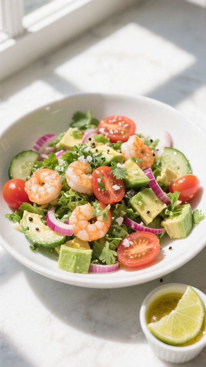 Tasty top view, overhead salad toss: Overhead shot of Shrimp Avocado Salad just combined in a wide w