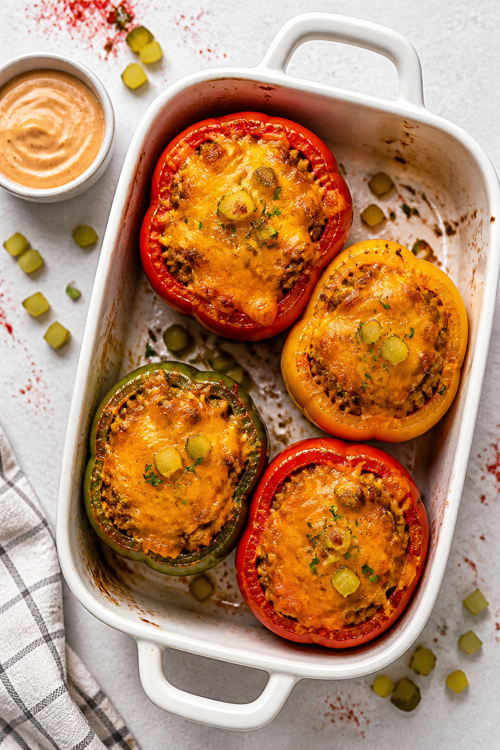 Tasty top view, overhead shot: An overhead shot of a baking dish holding four colorful bell peppers 