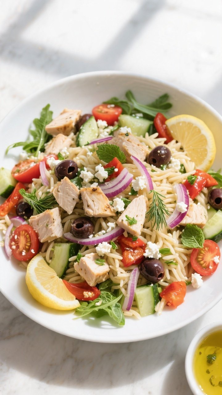 Tasty top view, overhead shot: Greek Orzo Chicken Salad in a large low, white serving bowl; overhead