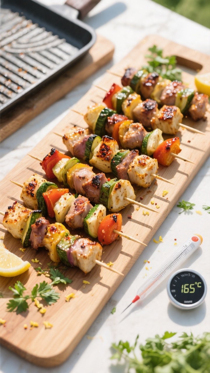 Tasty top view: Overhead shot of 10–12 assembled and fully cooked kabobs laid across a wooden boar