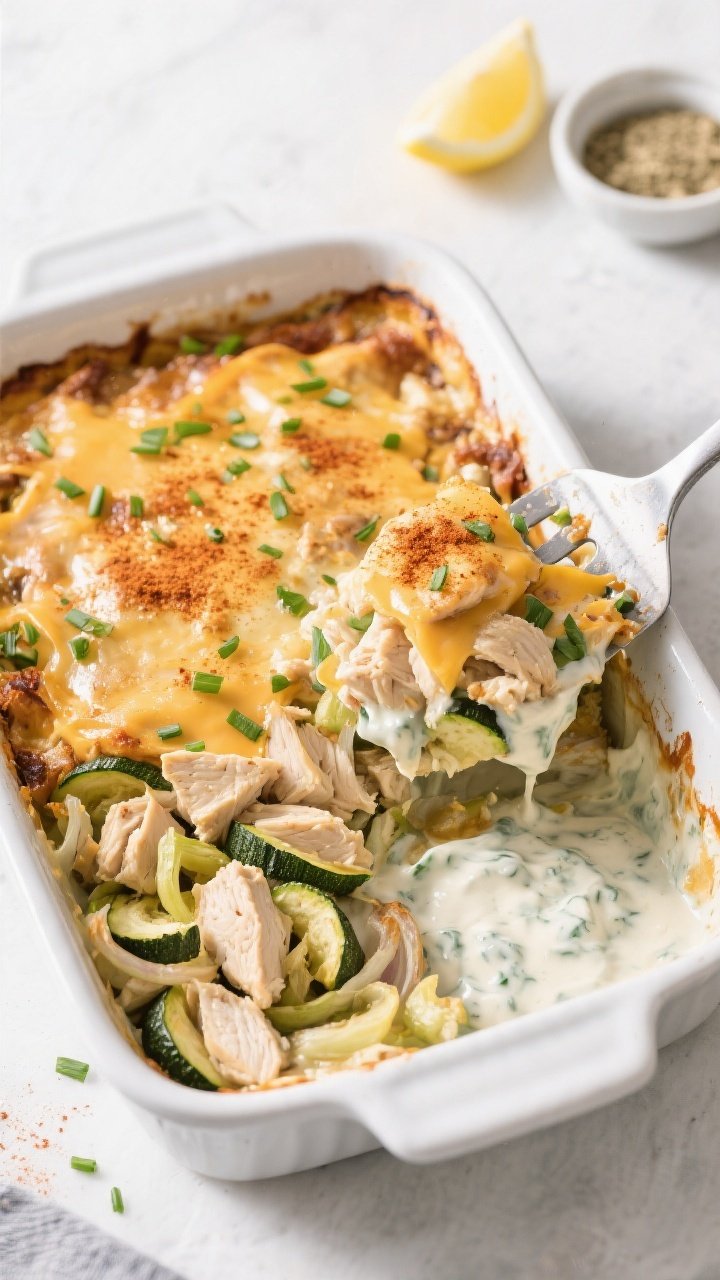 Tasty top view: Overhead shot of a 9x13 casserole mid-serve, one square lifted out with a spatula to
