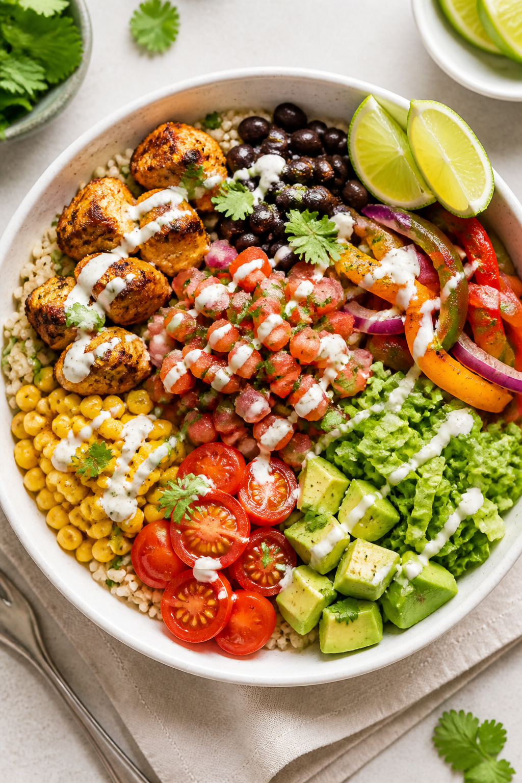 Tasty top view: Overhead shot of a colorful burrito bowl assembled on a wide white ceramic bowl—fl