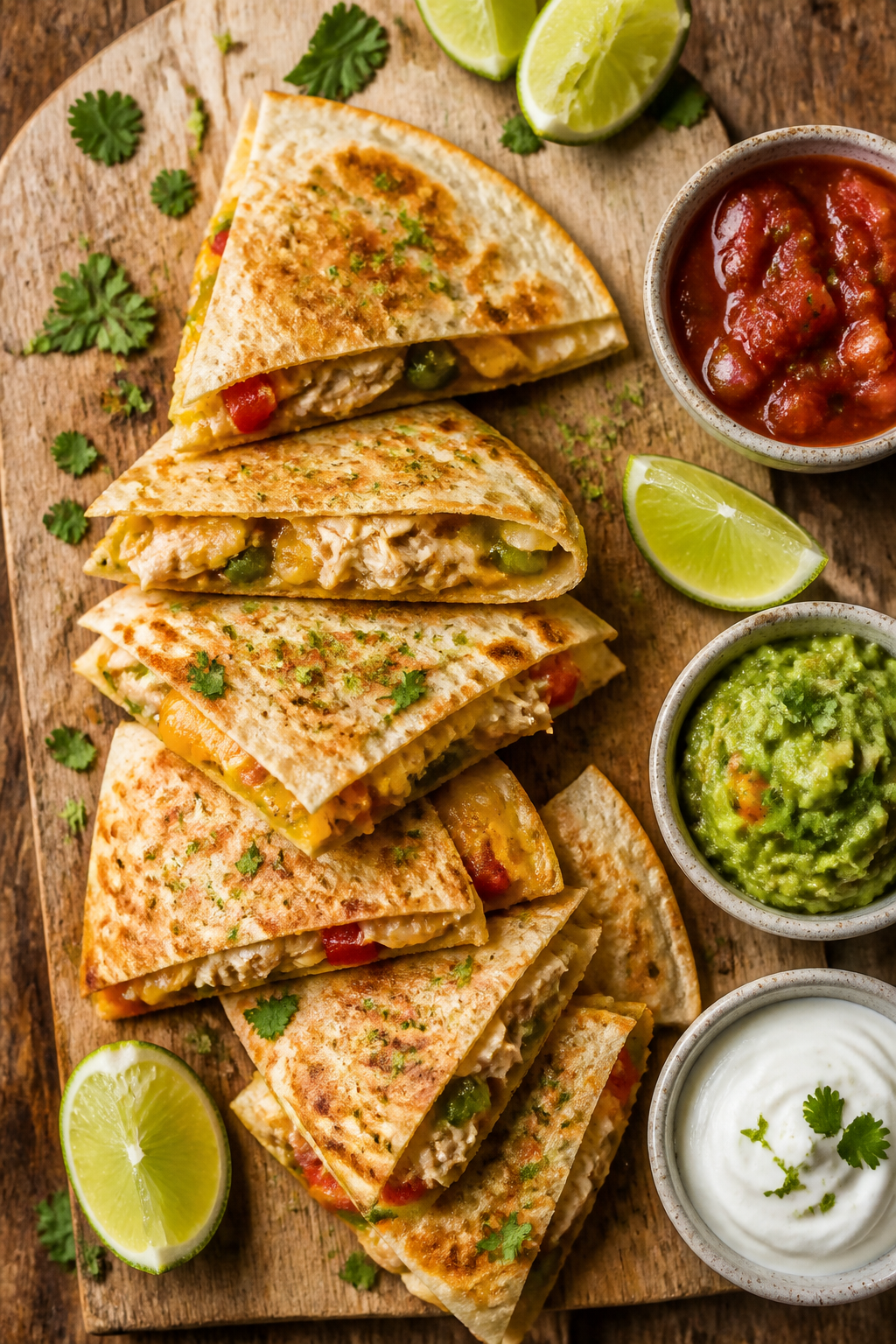 Tasty top view: Overhead shot of a cutting board with freshly cooked quesadilla melts sliced into we