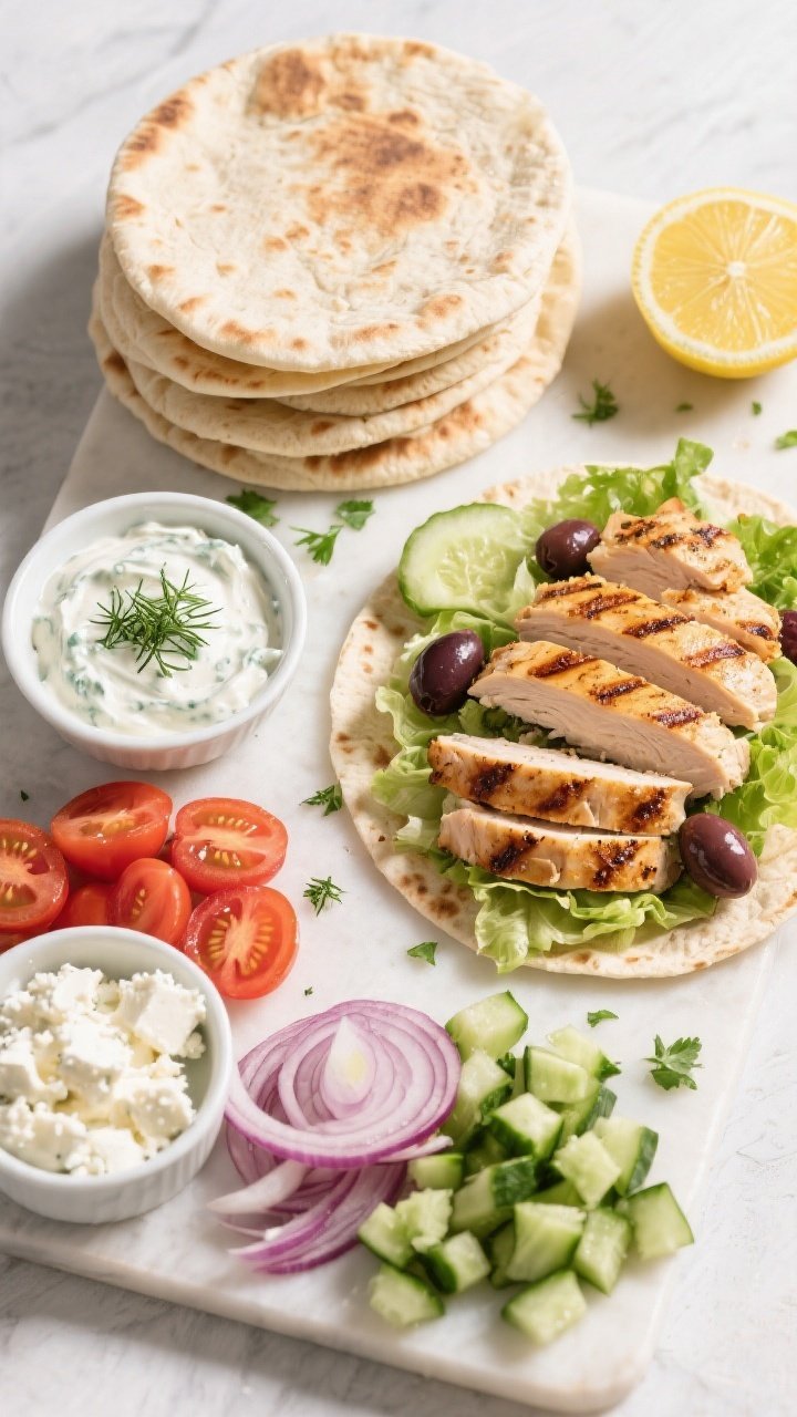 Tasty top view: Overhead shot of a DIY Greek chicken wrap assembly board—warm, pliable Greek pitas