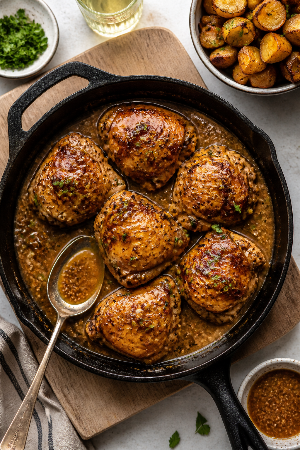 Tasty top view: Overhead shot of a family-style skillet set on a light wood board—chicken nestled 