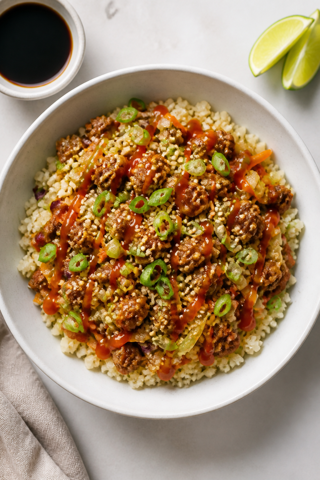 Tasty top view: Overhead shot of a finished egg roll in a bowl served over fluffy cauliflower rice i