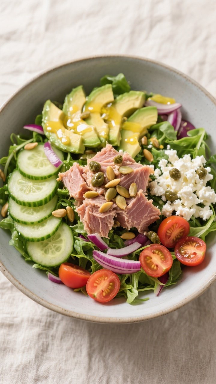 Tasty top view: Overhead shot of a fully assembled Tuna Avocado Salad Bowl—spring mix base, rings 