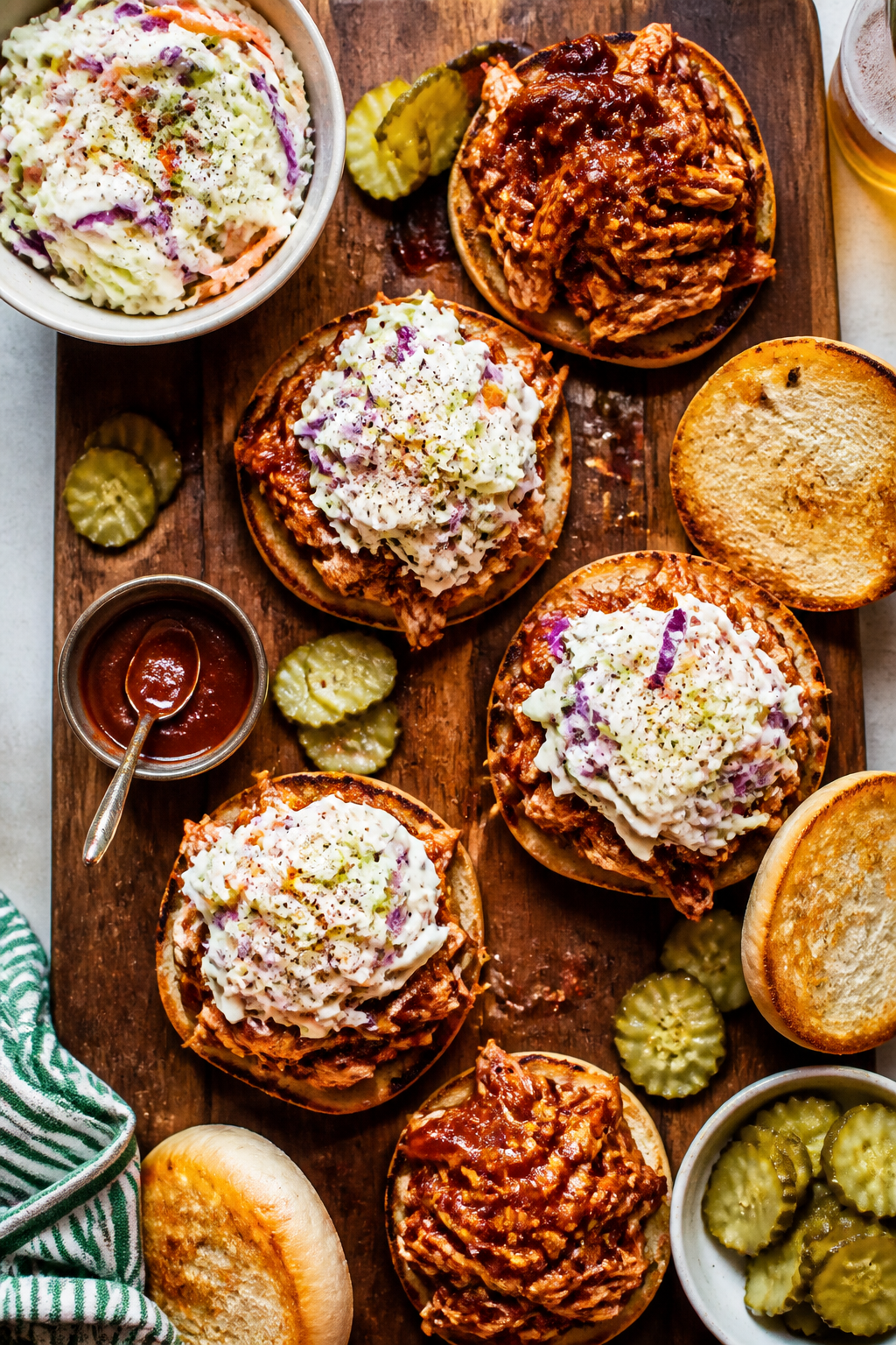 Tasty top view: Overhead shot of a game-day platter—open-faced BBQ chicken sandwiches arranged on