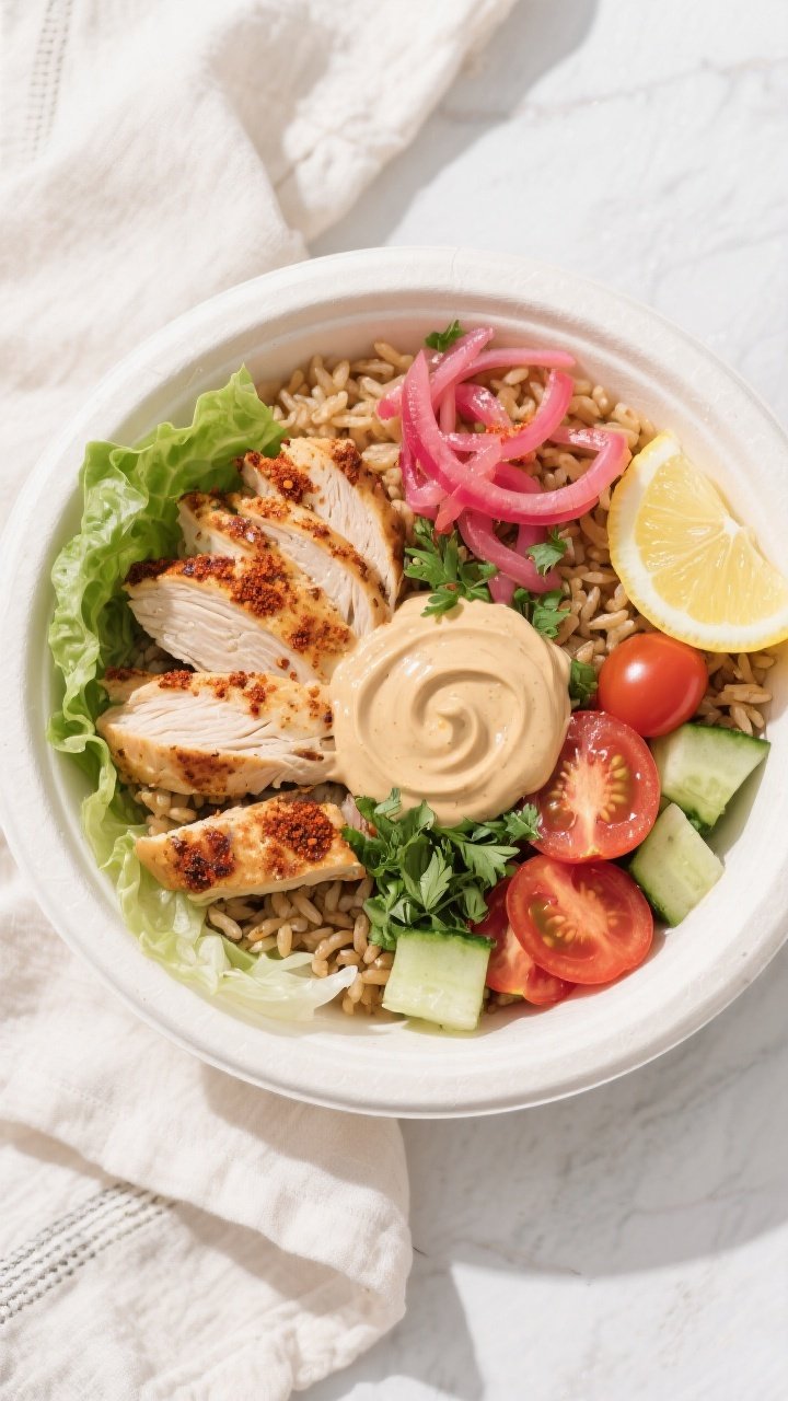 Tasty top view: Overhead shot of a high-protein chicken shawarma bowl built for meal prep—half flu