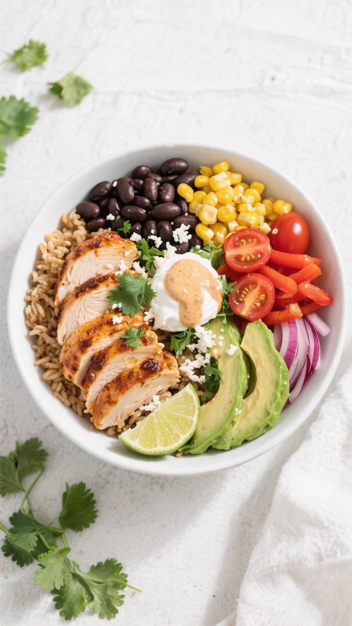 Tasty top view: Overhead shot of a High-Protein Chipotle Chicken Power Bowl assembled in a wide matt