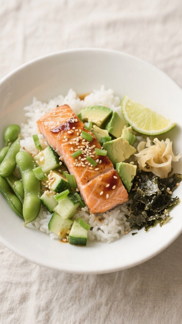 Tasty top view: Overhead shot of a High-Protein Salmon Avocado Rice Bowl—fluffy white jasmine rice