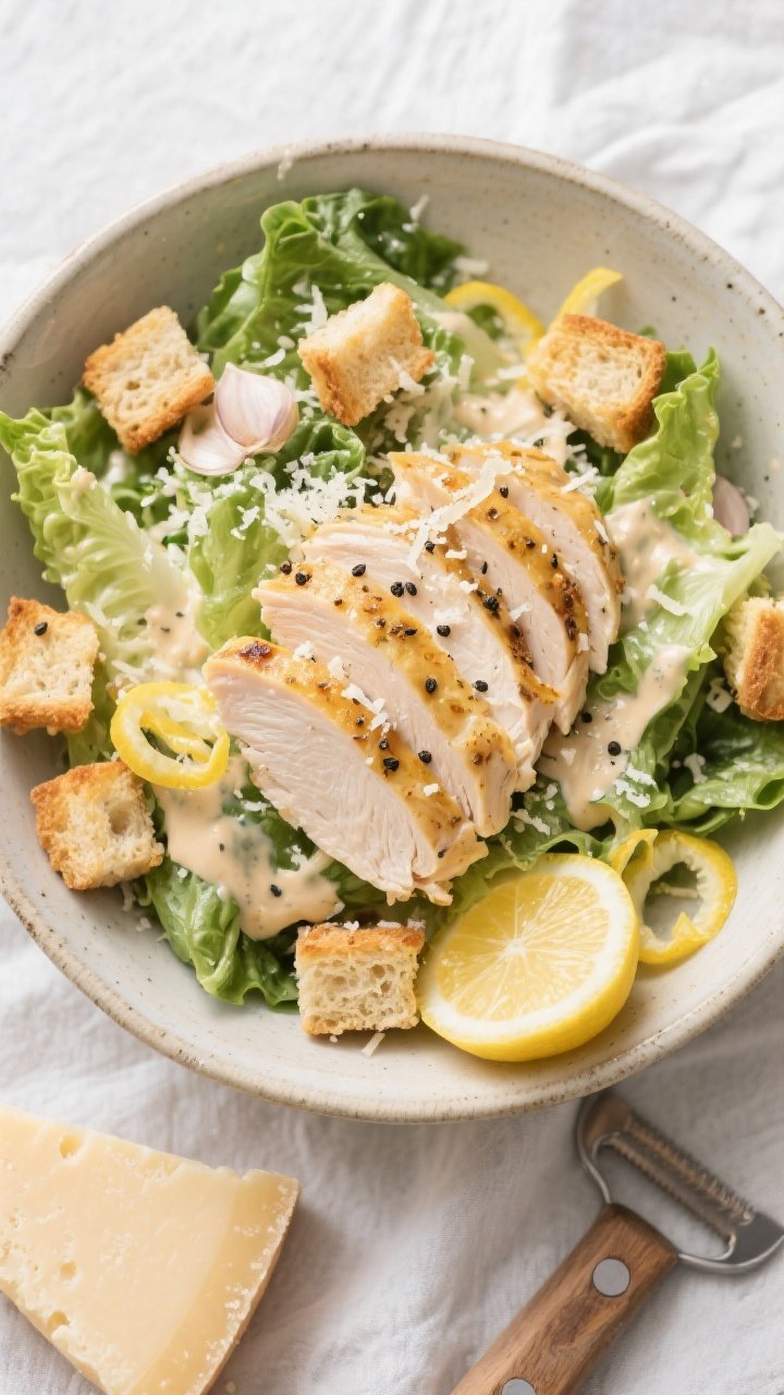 Tasty top view: Overhead shot of a large bowl of Chicken Caesar in mid-toss—crisp, chilled romaine