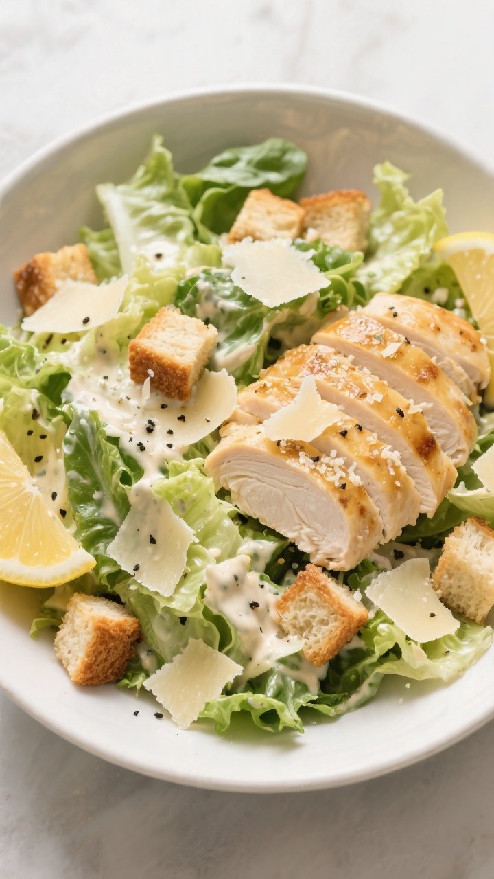 Tasty top view: Overhead shot of a large bowl of tossed Caesar salad—crisp, well-dried romaine lig