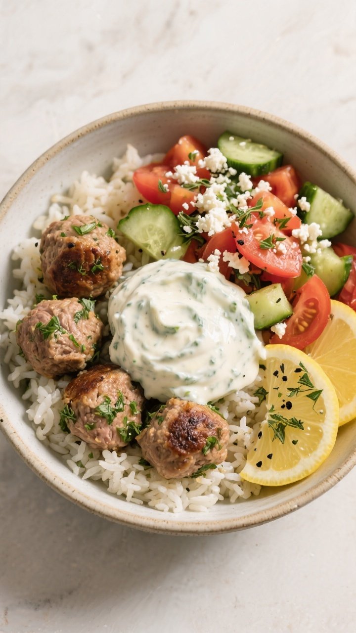 Tasty top view: Overhead shot of a meal-prep style bowl—herby turkey meatballs over fluffy rice wi