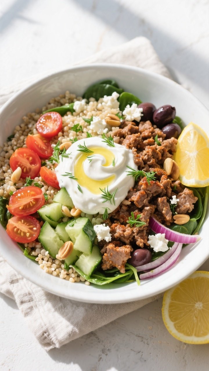 Tasty top view: Overhead shot of a Mediterranean ground turkey bowl fully assembled—base of fluffy