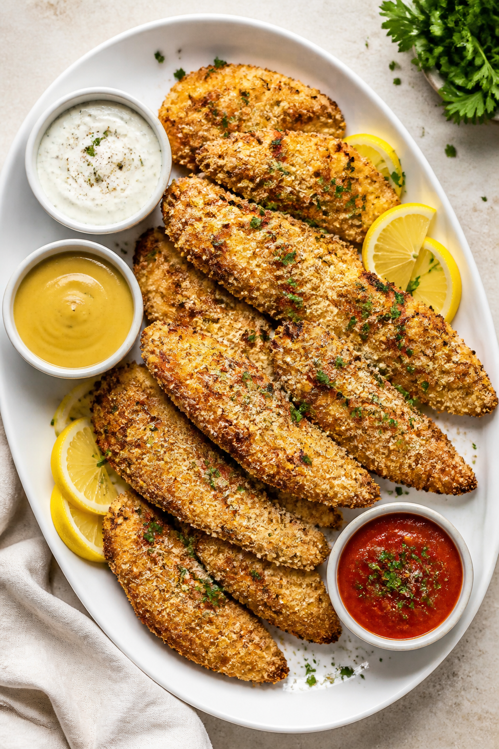 Tasty top view: Overhead shot of a platter of baked Parmesan crusted chicken tenders arranged in a f