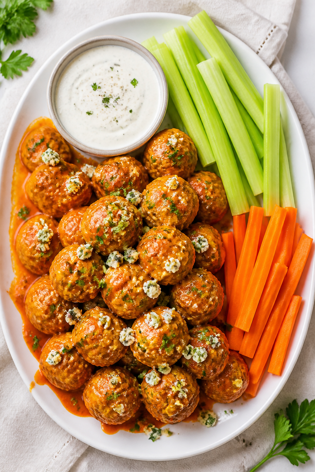Tasty top view: Overhead shot of a platter piled high with saucy buffalo turkey meatballs, evenly co