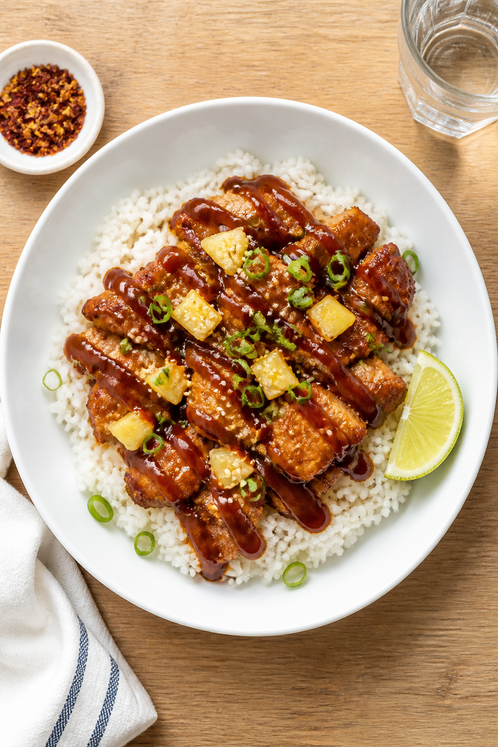 Tasty top-view: Overhead shot of a rice bowl featuring Hawaiian BBQ chicken spooned over fluffy jasm