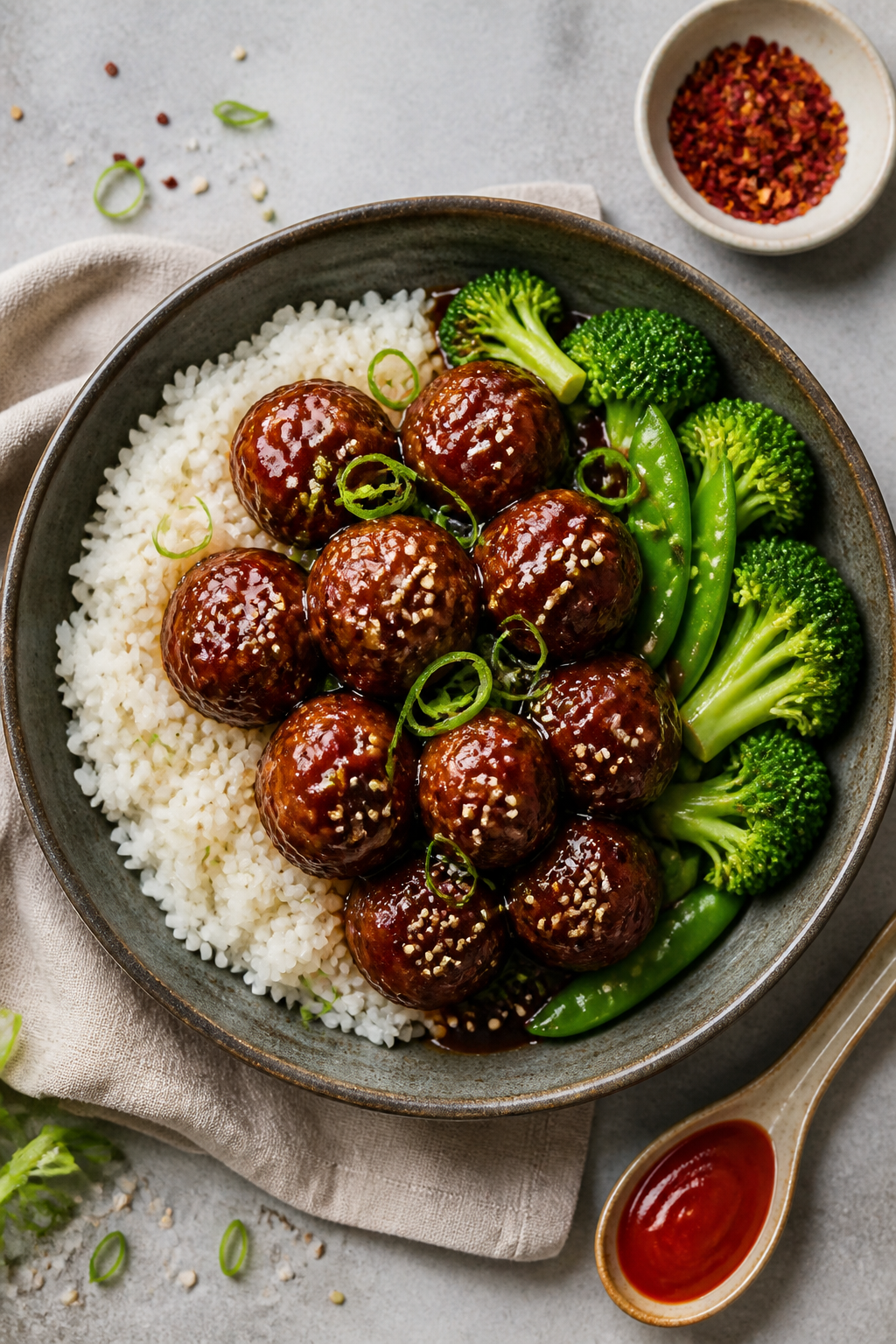 Tasty top view: Overhead shot of a rice bowl topped with saucy teriyaki meatballs, a neat bed of flu