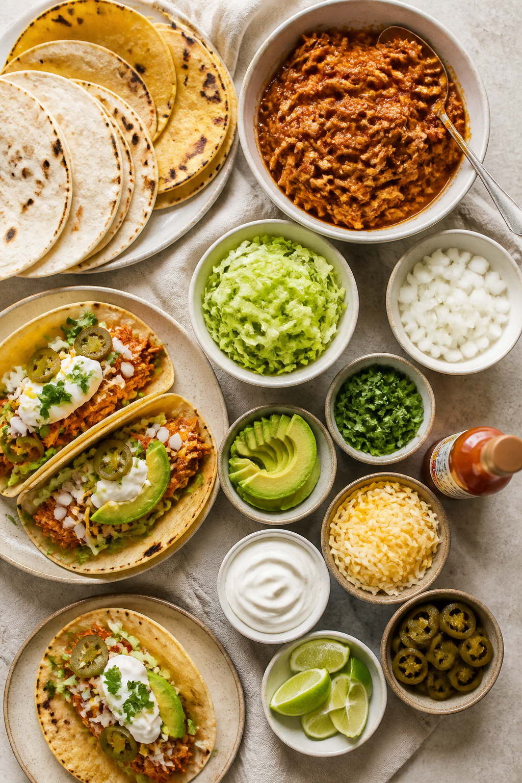 Tasty top view: Overhead shot of a taco assembly spread—warm charred corn and flour tortillas, a b