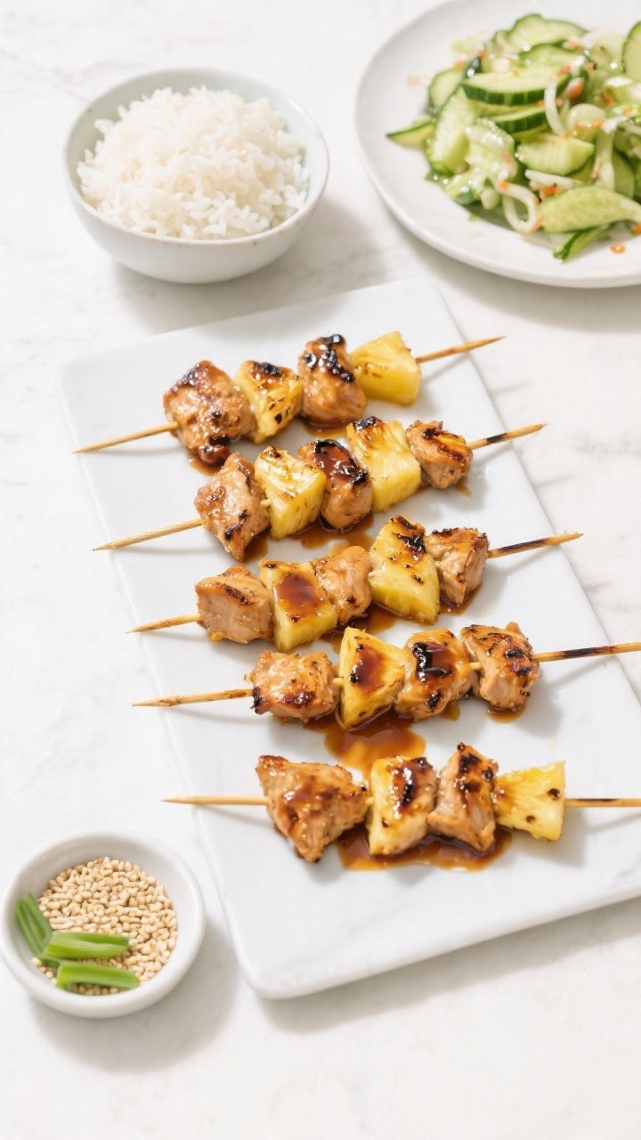 Tasty top view: Overhead shot of a weeknight spread featuring Grilled Pineapple Teriyaki Chicken Ske