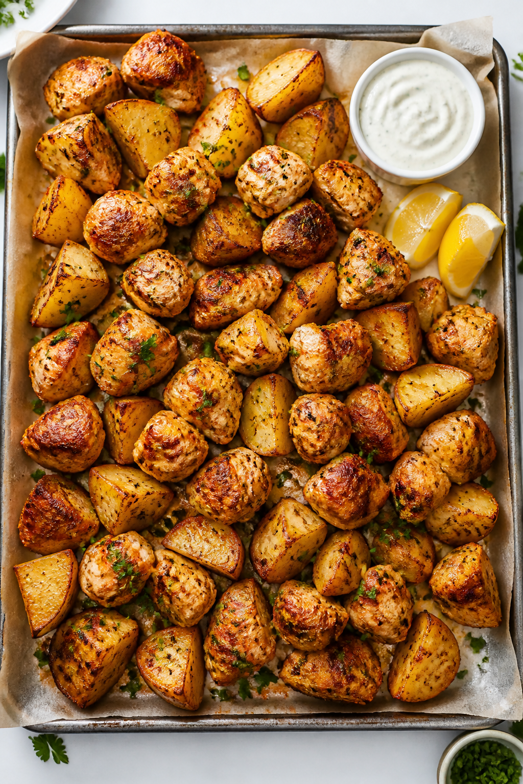 Tasty top view: Overhead shot of Air Fryer Ranch Chicken & Potatoes arranged on a parchment-lined sh