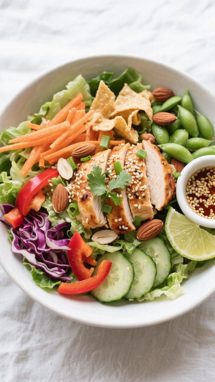 Tasty top view: Overhead shot of an assembled Asian Sesame Chicken Salad Bowl in a wide, matte-white