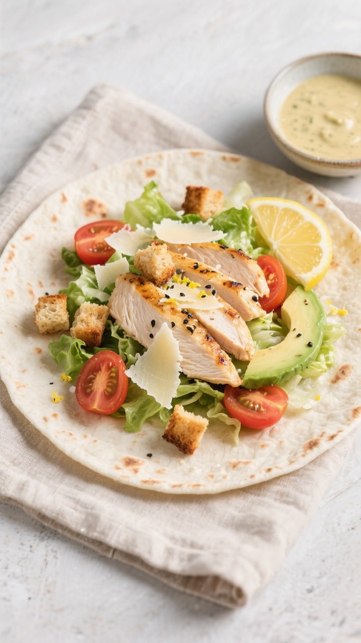 Tasty top view: Overhead shot of an open-faced Chicken Caesar wrap on a 10-inch flour tortilla, laye