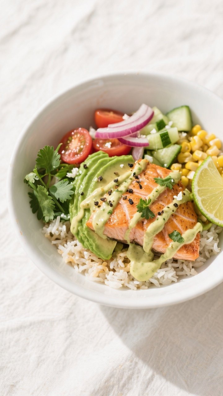 Tasty top view: Overhead shot of assembled Creamy Avocado Lime Salmon Bowls with warm jasmine rice b