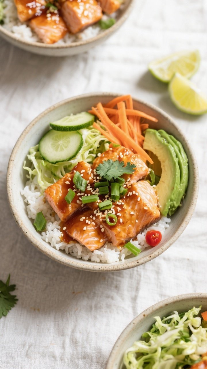 Tasty top view: Overhead shot of assembled crispy hot honey salmon bowls with fluffy crisped white r