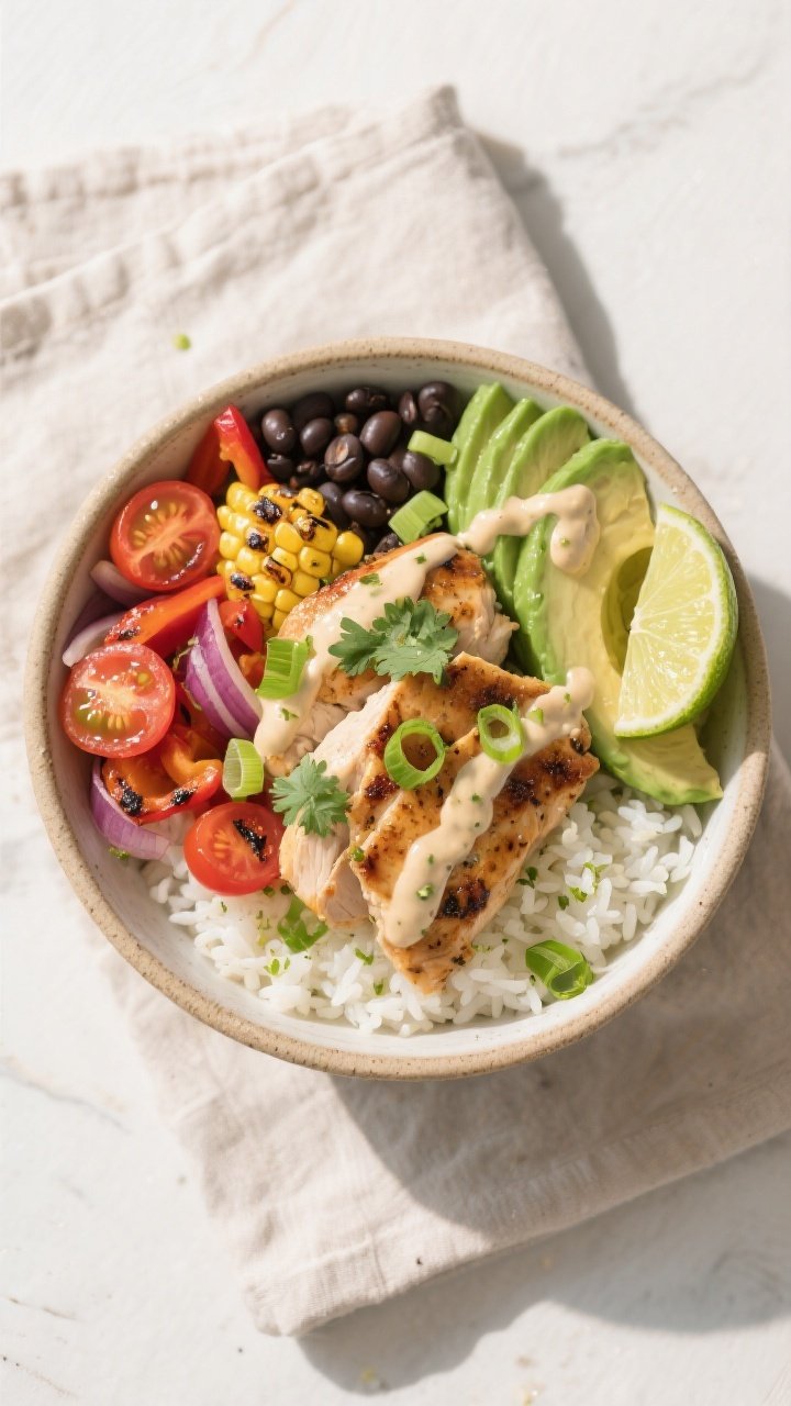 Tasty top view — Overhead shot of assembled Garlic Lime Chicken Bowls: fluffy white rice base ligh
