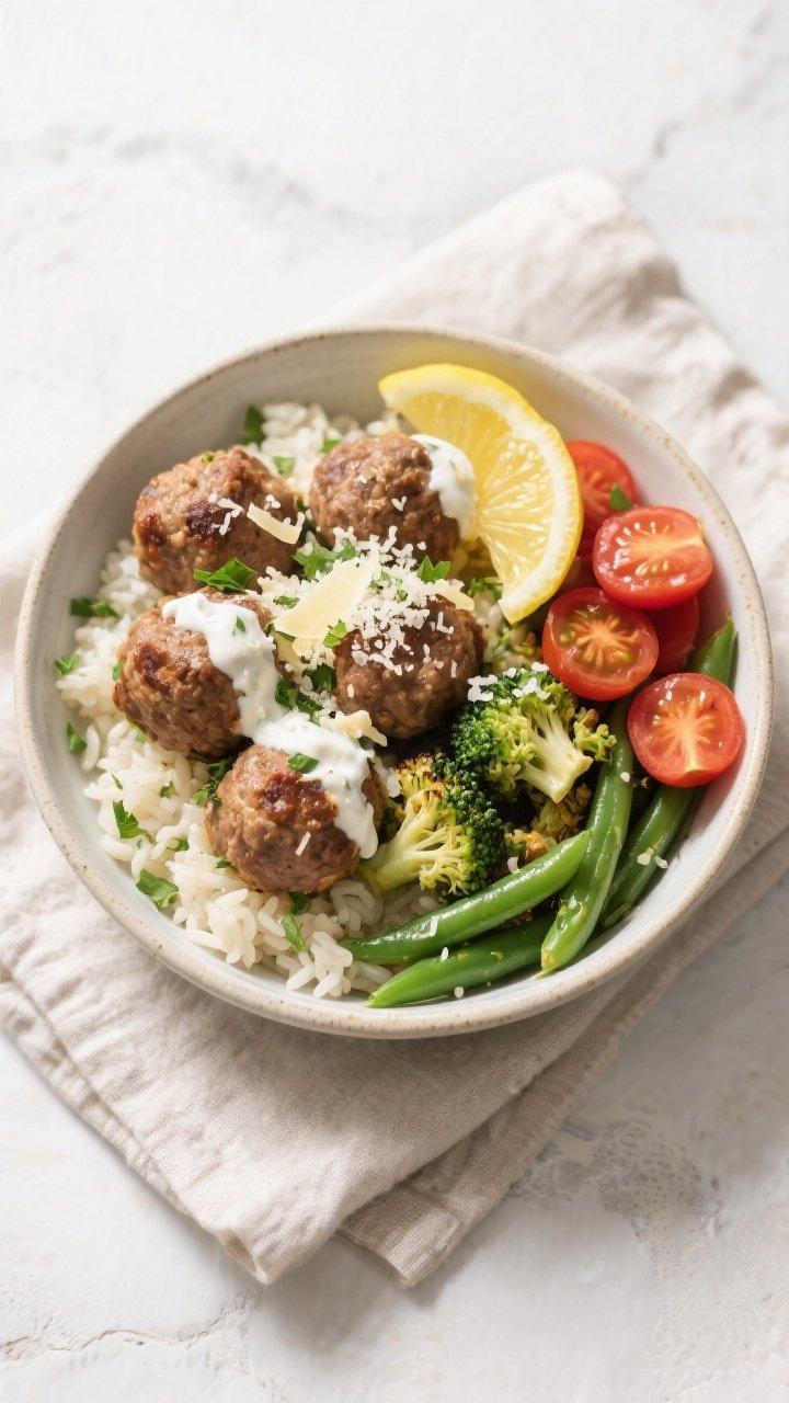 Tasty top view: Overhead shot of assembled Garlic Parmesan Turkey Meatball Bowls—fluffy lemon-herb