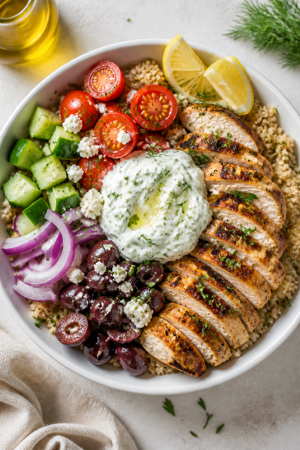 Tasty top view – Overhead shot of assembled Greek Chicken Bowl: warm quinoa base topped with slice