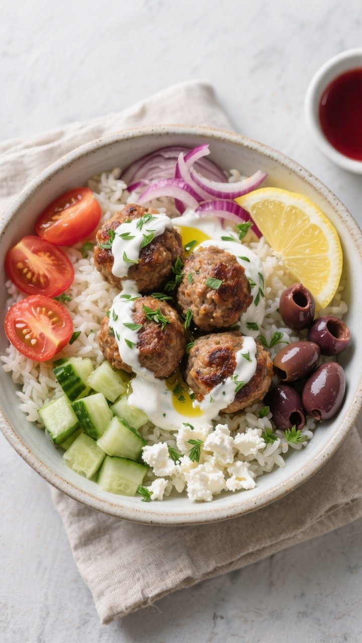 Tasty top view: Overhead shot of assembled Greek Turkey Meatball Bowl—fluffy lemon-herb rice base,