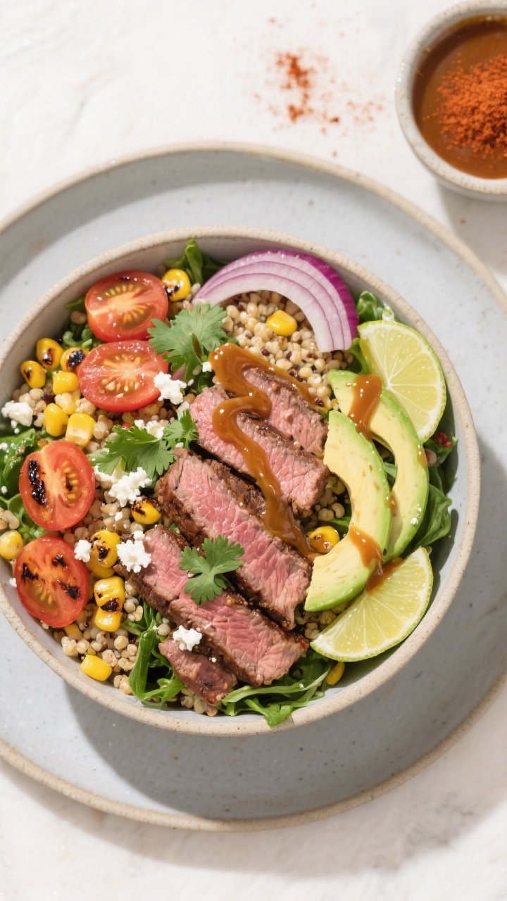 Tasty top view: Overhead shot of assembled Grilled Steak & Corn Salad Bowl—mixed greens and warm q