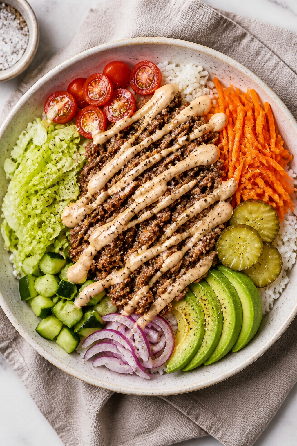 Tasty top view: Overhead shot of assembled Hamburger Rice Bowl—fluffy white jasmine rice base topp