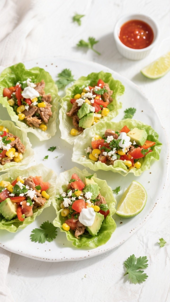 Tasty top view: Overhead shot of assembled Healthy Summer Taco Lettuce Wraps on a white ceramic plat