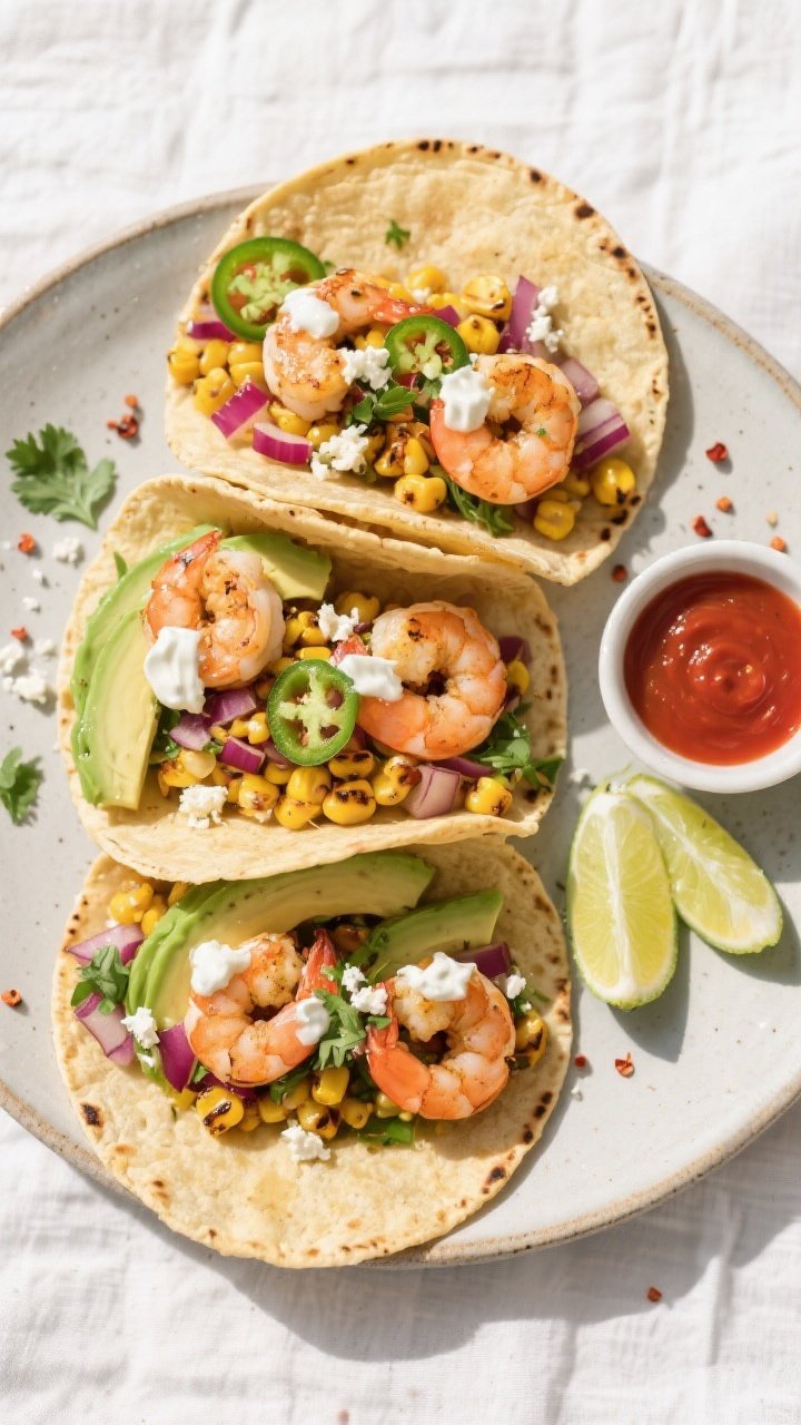 Tasty top view: Overhead shot of assembled Healthy Street Corn Shrimp Tacos on a matte ceramic platt