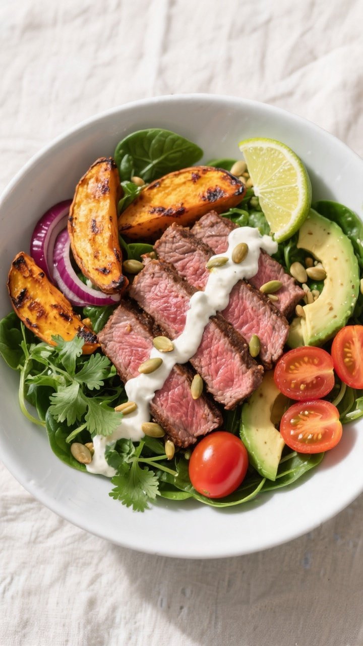 Tasty top view: Overhead shot of assembled High-Protein Steak & Sweet Potato Bowl in a wide, matte w