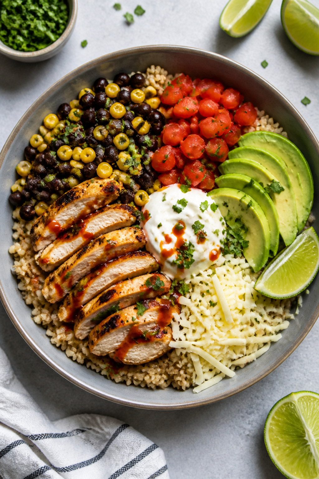 Tasty top view: Overhead shot of assembled High Protein Southwest Chicken Bowl in a wide, shallow ce