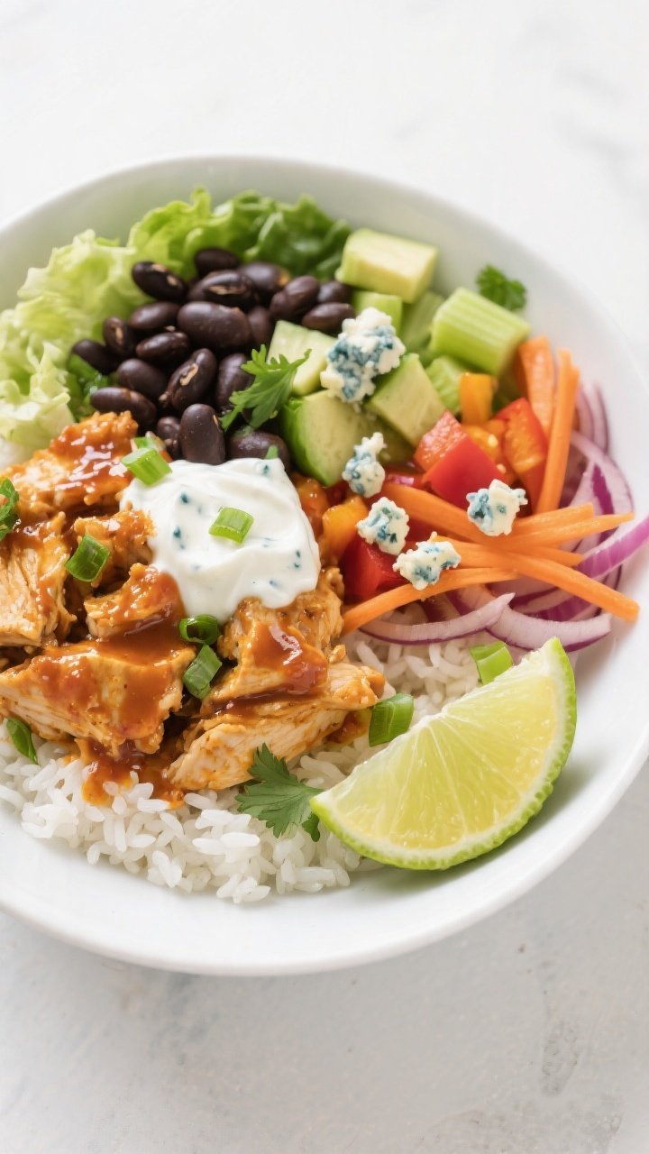 Tasty top view: Overhead shot of assembled High Protein Buffalo Chicken Rice Bowl in a wide white bo