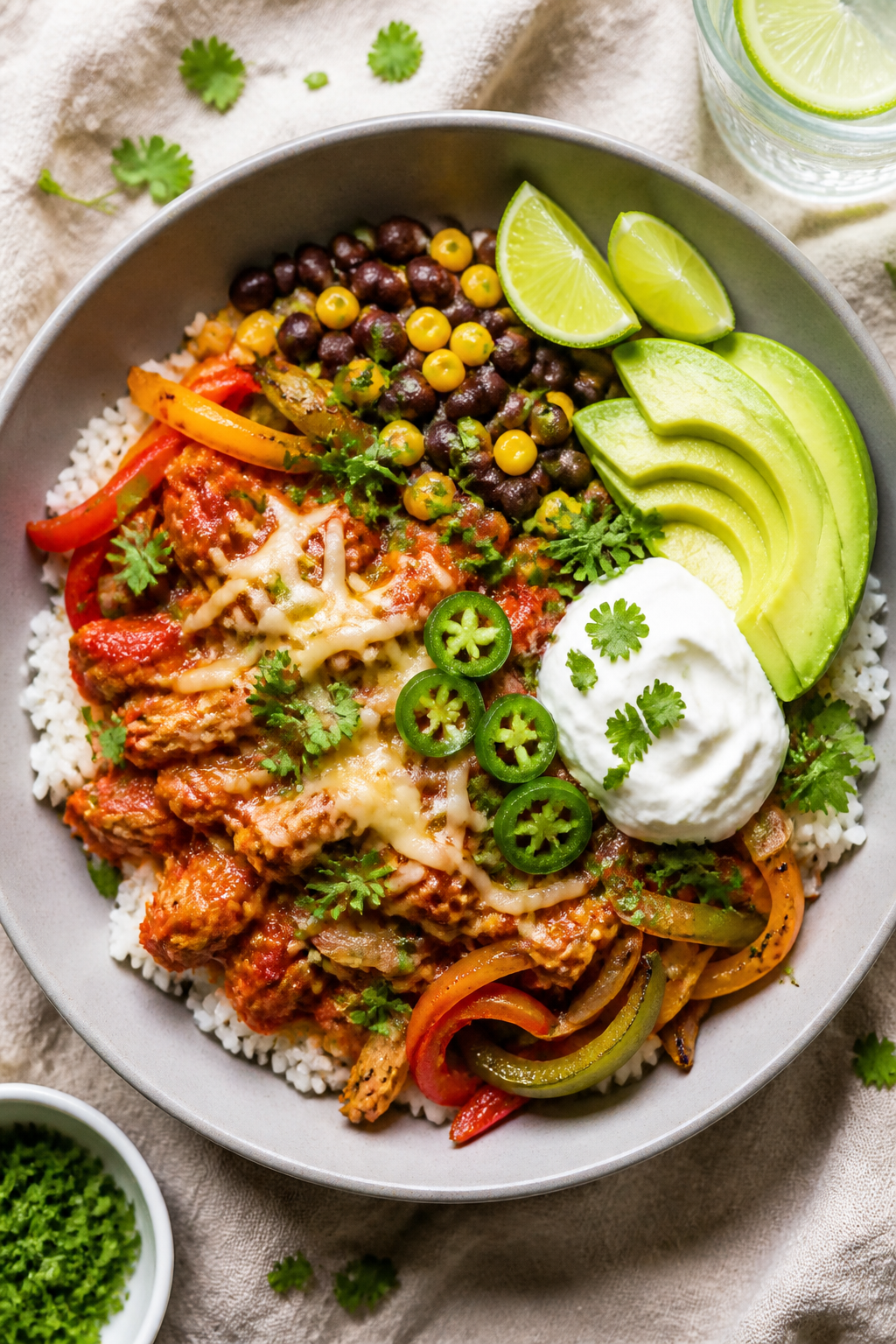 Tasty top view: Overhead shot of assembled High Protein Chicken Enchilada Bowl—base of fluffy whit